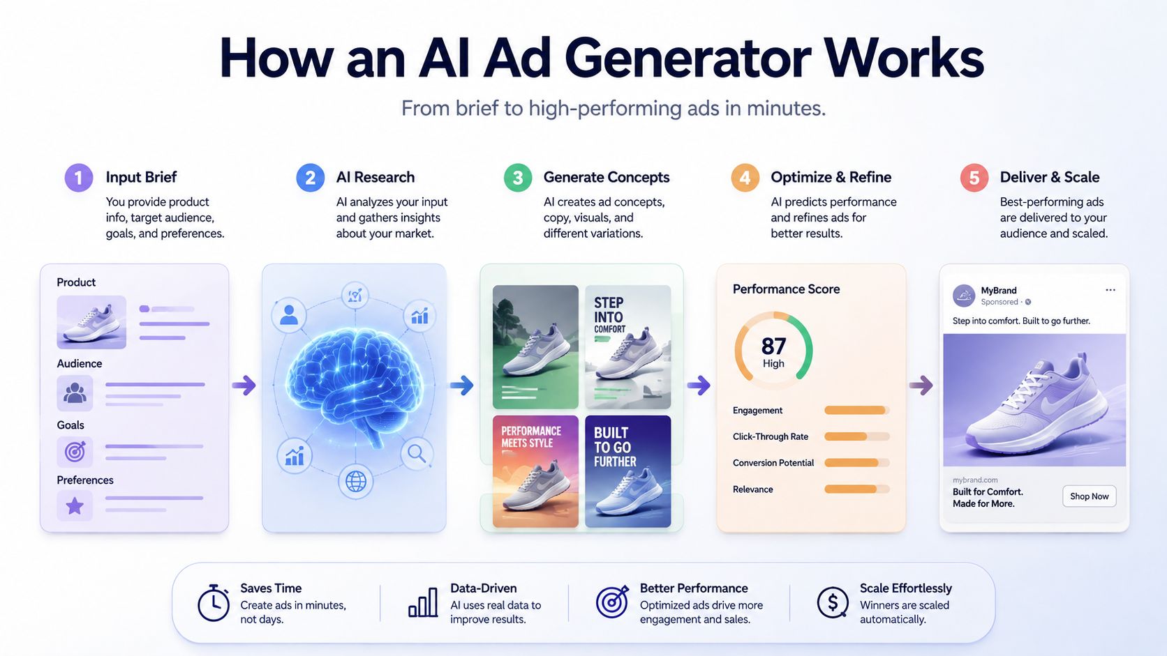 A diagram illustrating the five steps of an AI ad generator process from input brief to ad delivery.