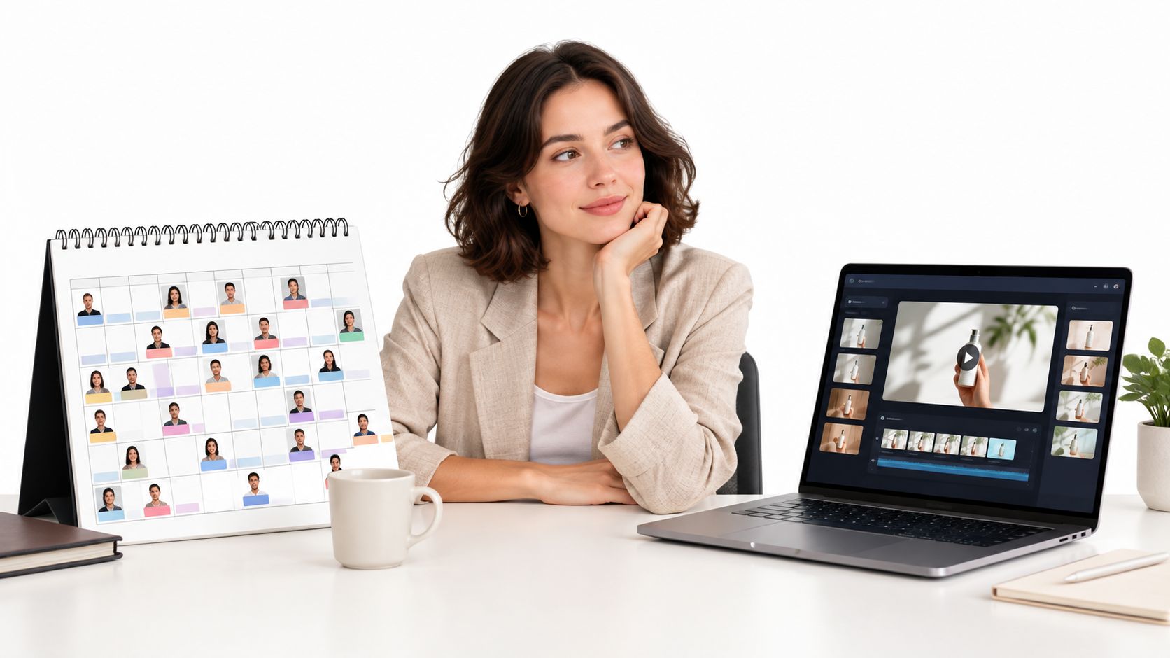 A professional woman planning content schedule with a calendar and laptop for AI video creation.