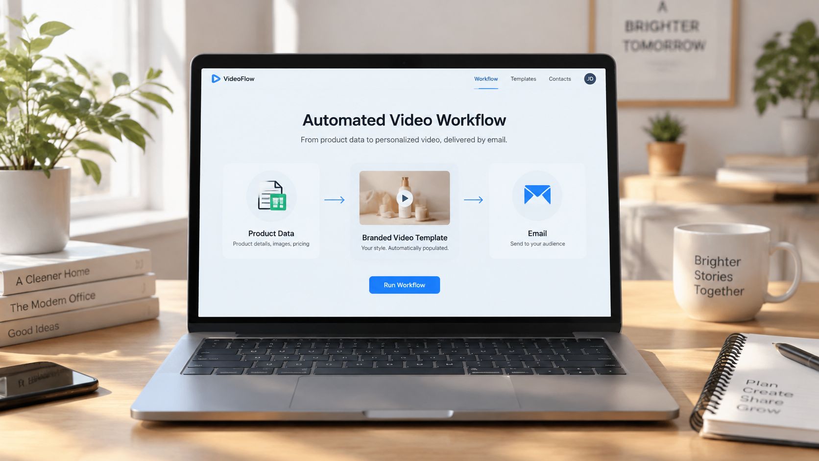 A laptop screen displaying a VideoFlow software interface showing an automated video creation workflow process.
