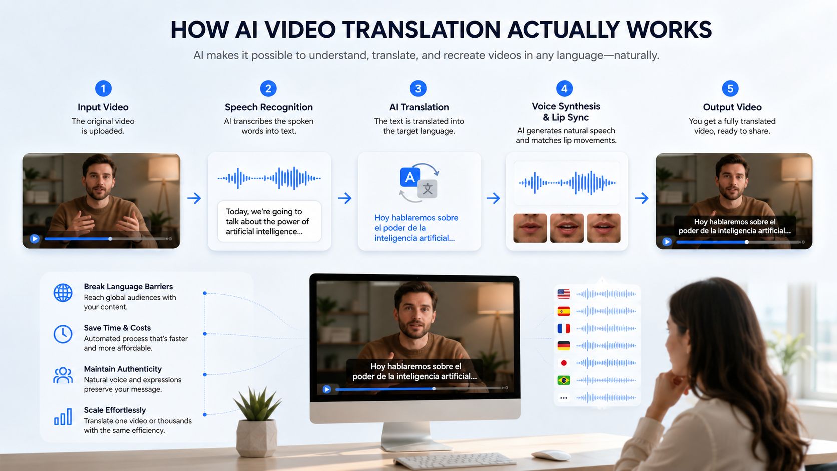 A diagram illustrating the five steps of AI video translation, from input to final edited output.