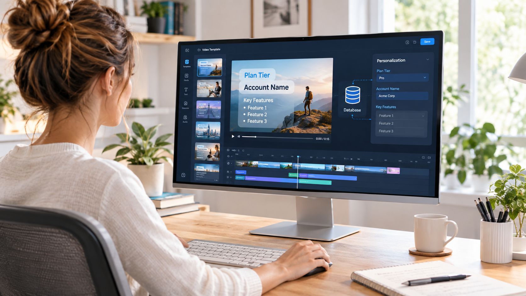 A professional woman editing a SaaS onboarding video template on her computer screen at her desk.