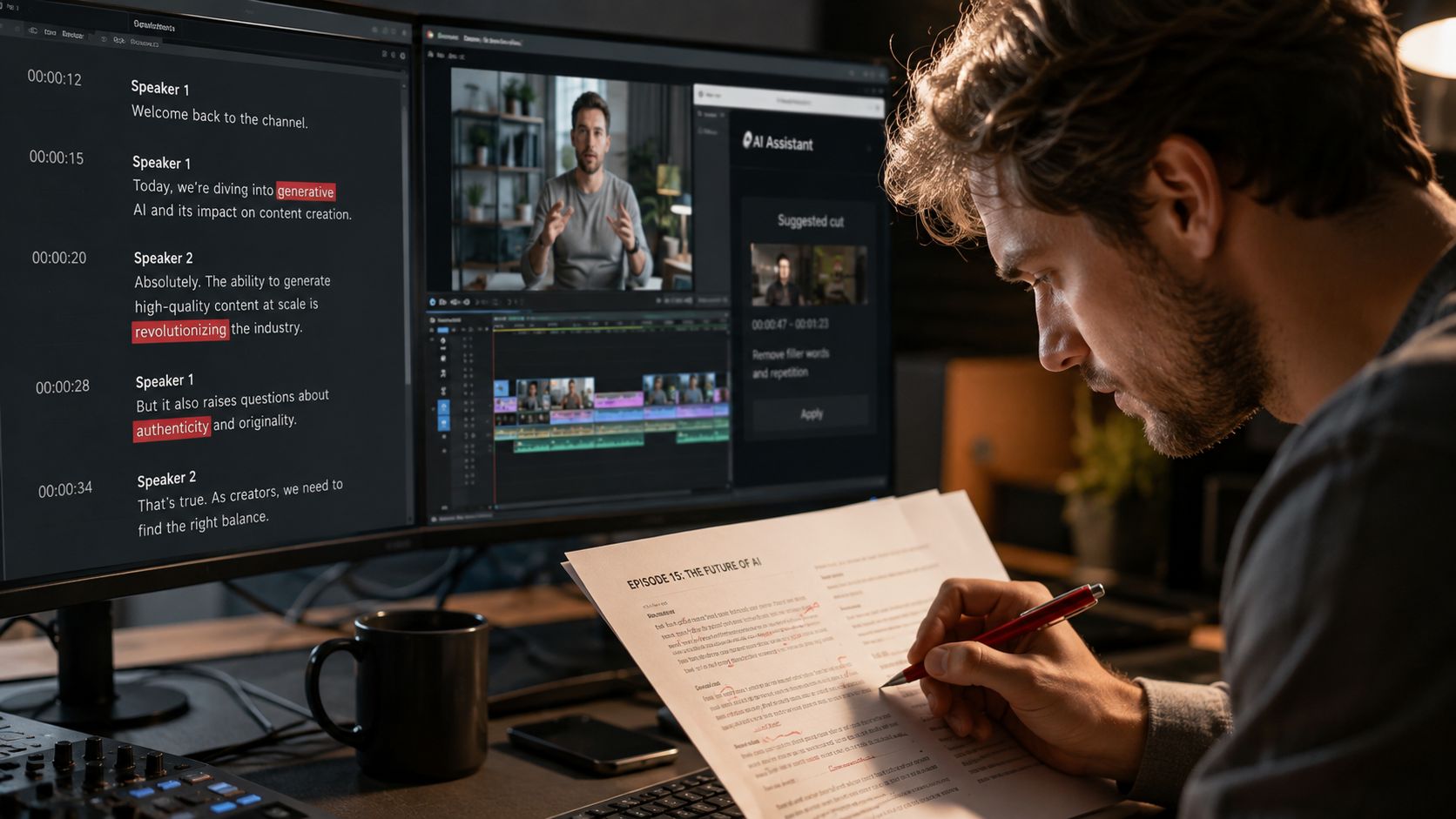 A professional video editor working on artificial intelligence video editing tasks at his computer desk.