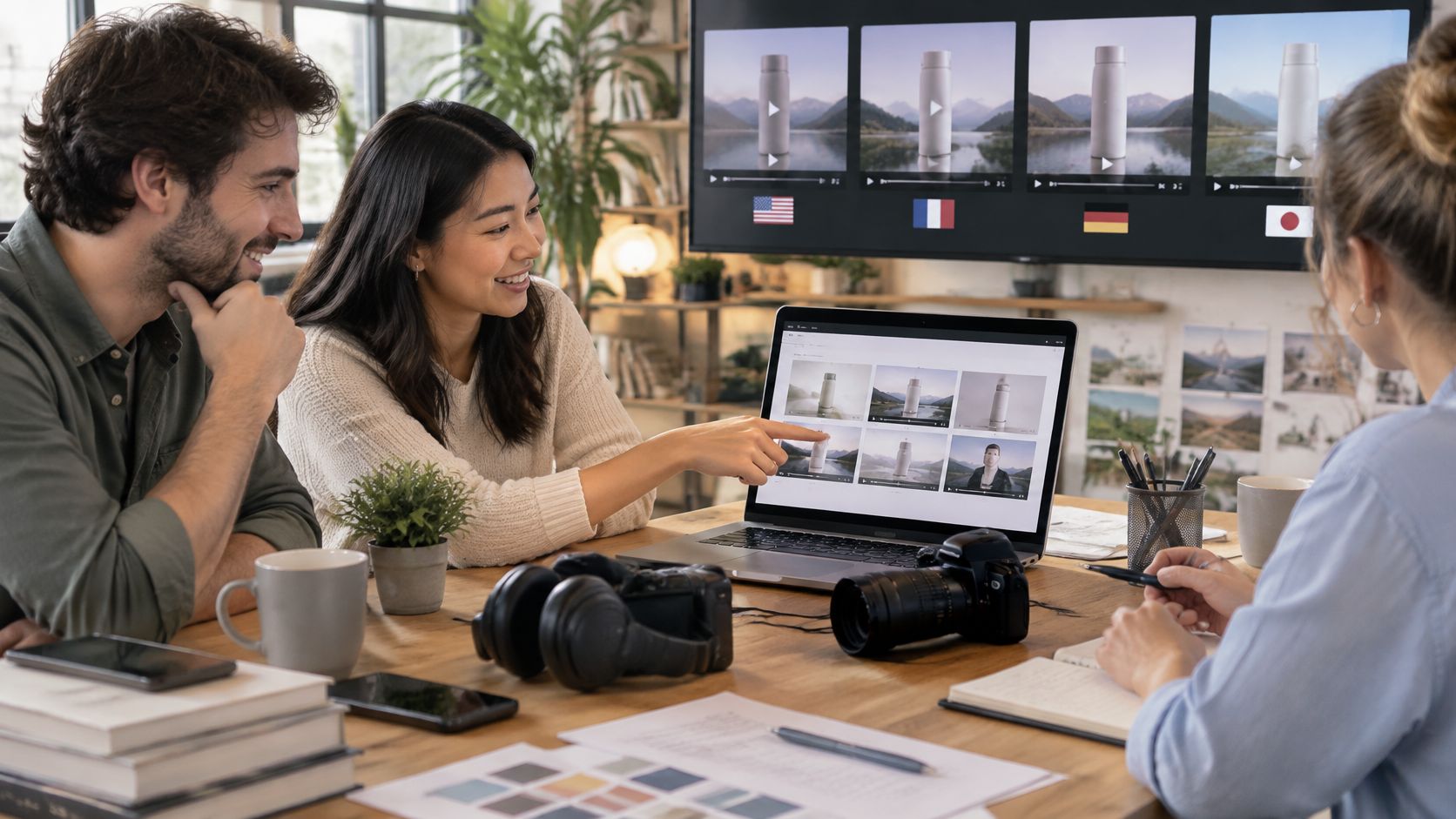 A creative team collaborates on an AI video project while reviewing product imagery on laptops.