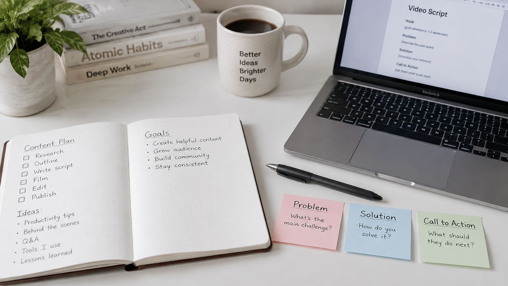 A clean desk workspace with a laptop, open notebook, coffee mug, and sticky notes for planning content.