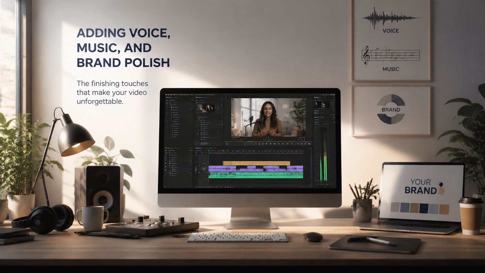 A modern video editing workspace with a computer monitor displaying editing software, a desk lamp, and brand equipment.