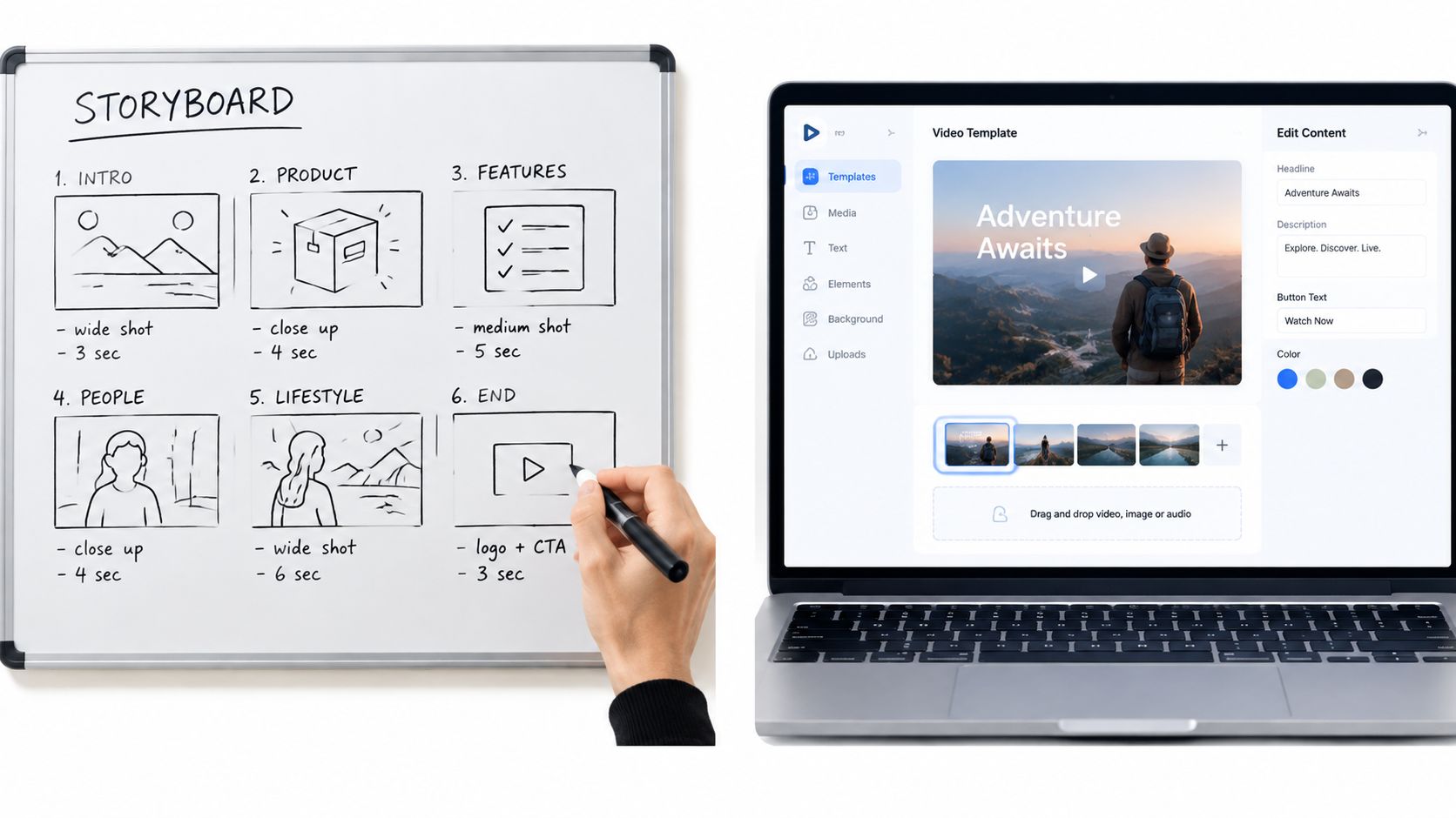A hand drawing a video storyboard on a whiteboard next to a laptop displaying video editing software.
