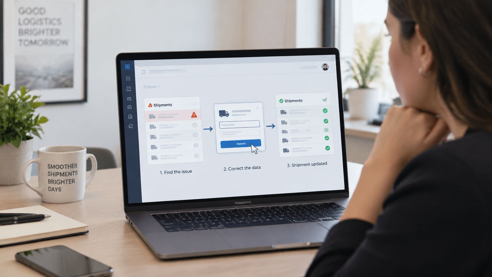 A woman working on a laptop showcasing a digital product demo for a shipment management software interface.