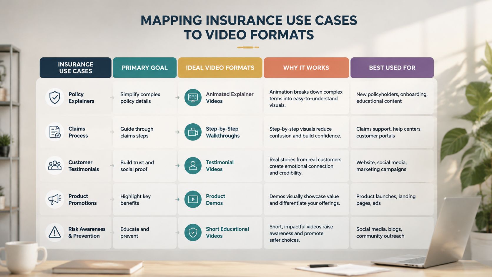 A chart illustrating how different insurance use cases map to specific video formats for effective communication.