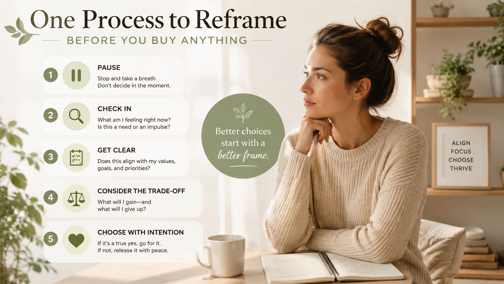 A woman reflecting at a desk with a five-step decision-making process guide for intentional spending displayed beside her.