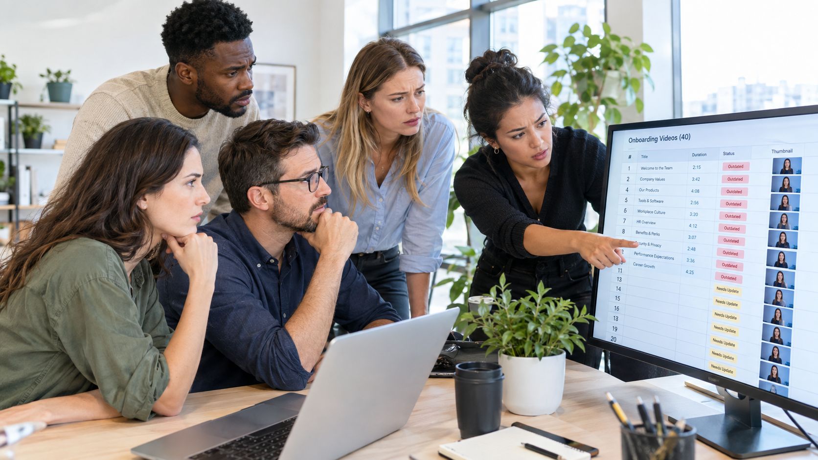A diverse team of professionals collaboratively reviewing a spreadsheet of onboarding videos on a computer monitor.