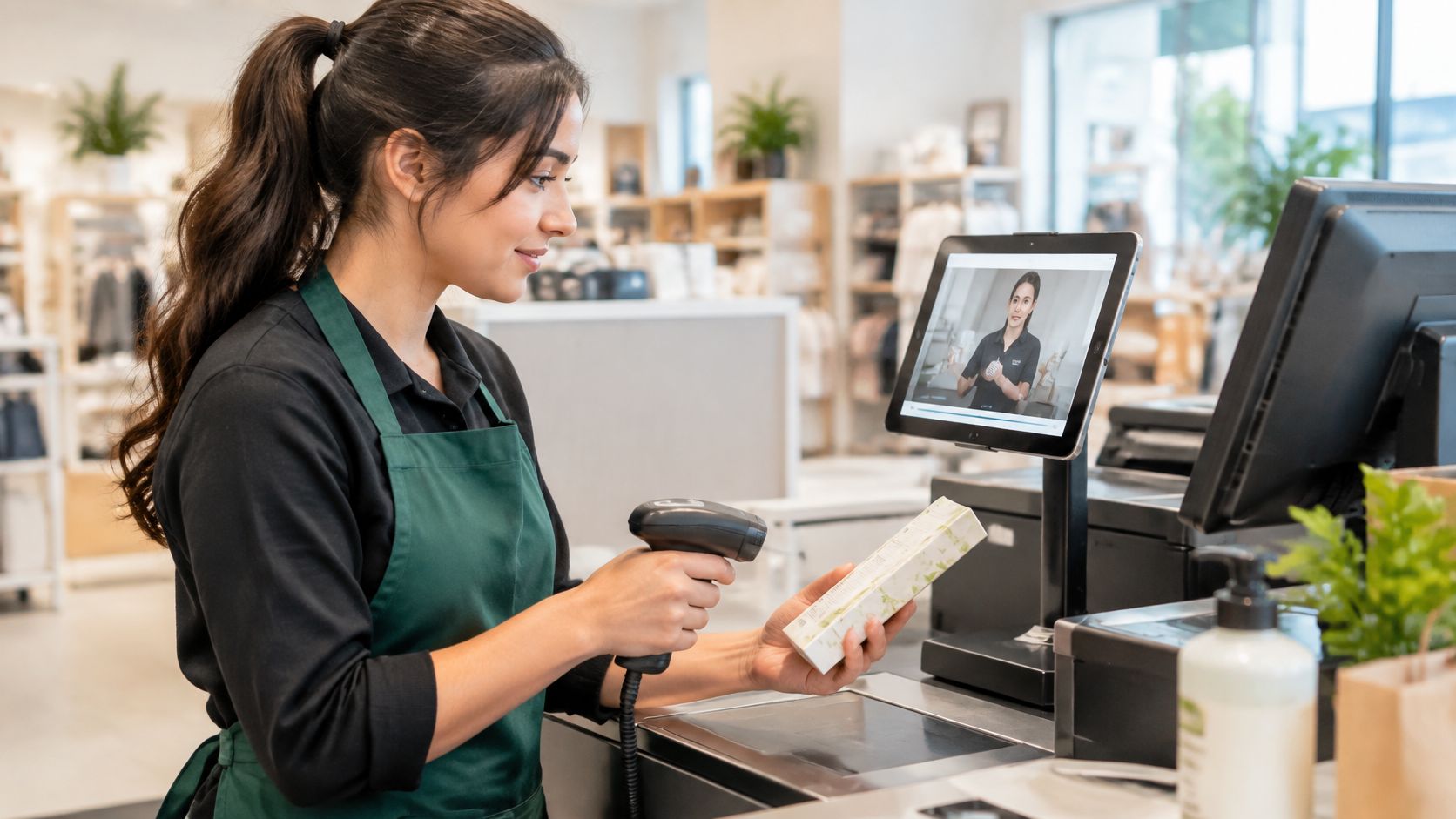 A smiling retail employee in a green apron scans a product box at a store checkout counter.