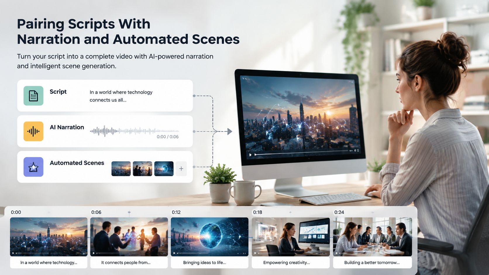 A professional video creation platform showing AI-powered script-to-video generation features on a computer screen.