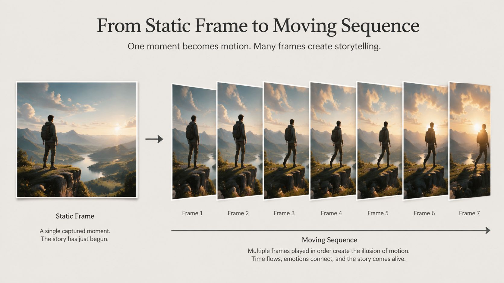 A diagram illustrating how a single static image transforms into a moving video sequence over seven frames.