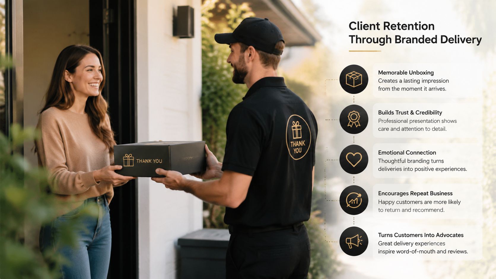 A delivery person handing a branded package to a smiling woman at a residential doorway.