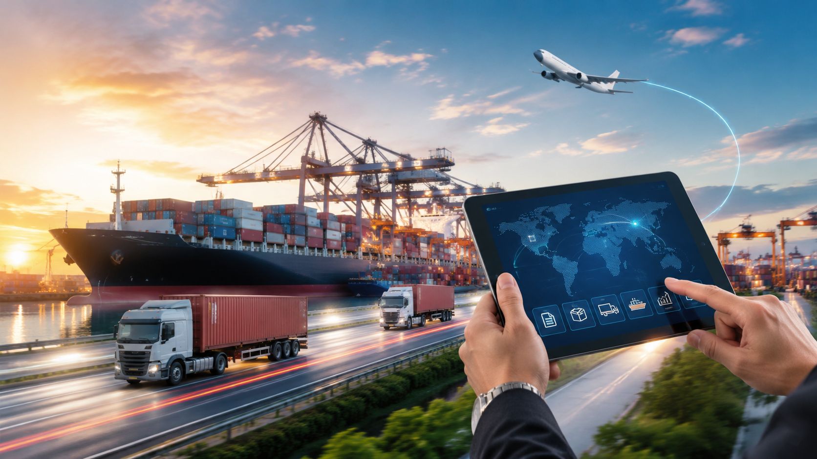 A person holding a tablet displaying a global logistics map with shipping, trucking, and air freight icons.