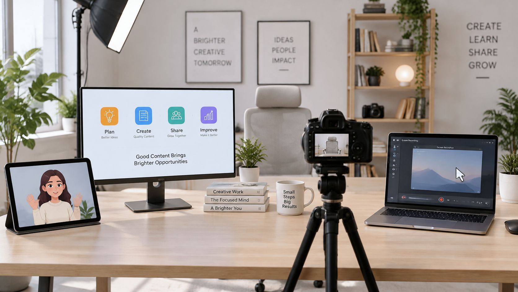 A professional desk setup featuring a computer monitor, laptop, tablet, and camera for creating explainer videos.