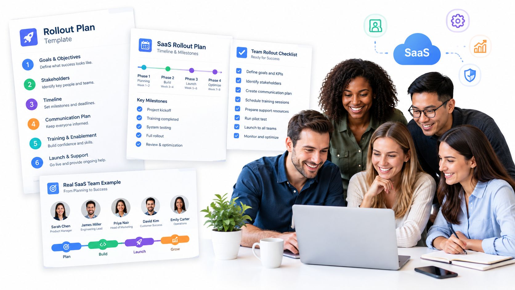A diverse team collaborating on a laptop while reviewing SaaS rollout plan documentation and project milestones.