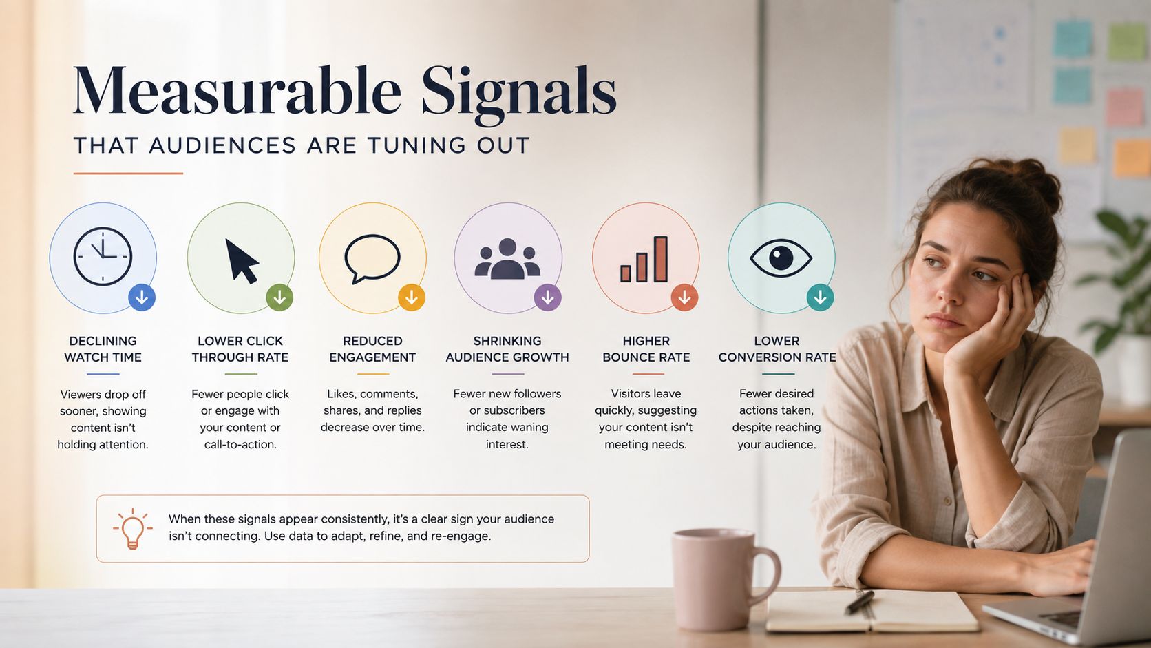 A woman looks concerned at a laptop next to an infographic titled Measurable Signals That Audiences Are Tuning Out.
