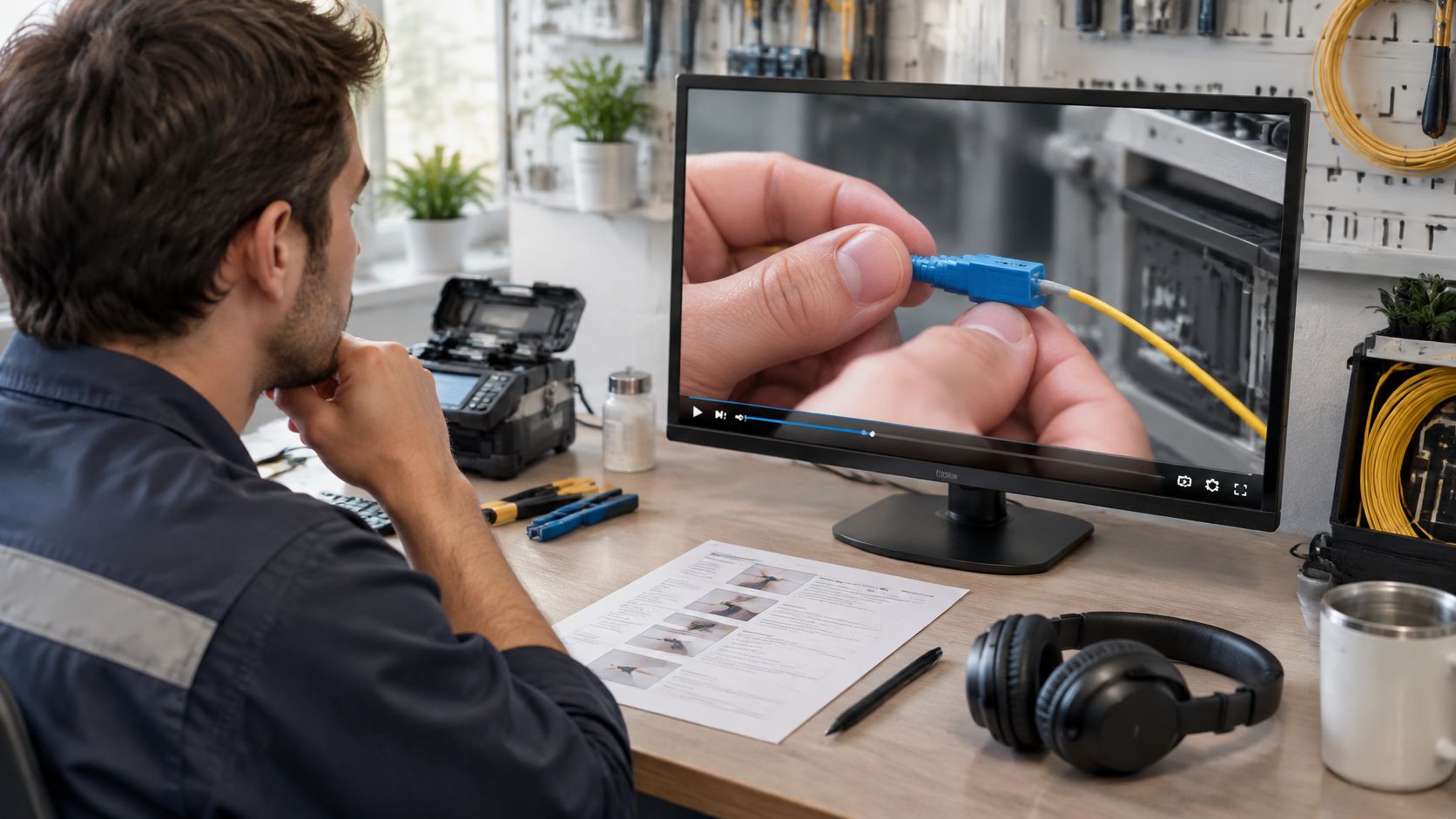 A technician watching a video tutorial on how to connect fiber optic cables on a computer screen.