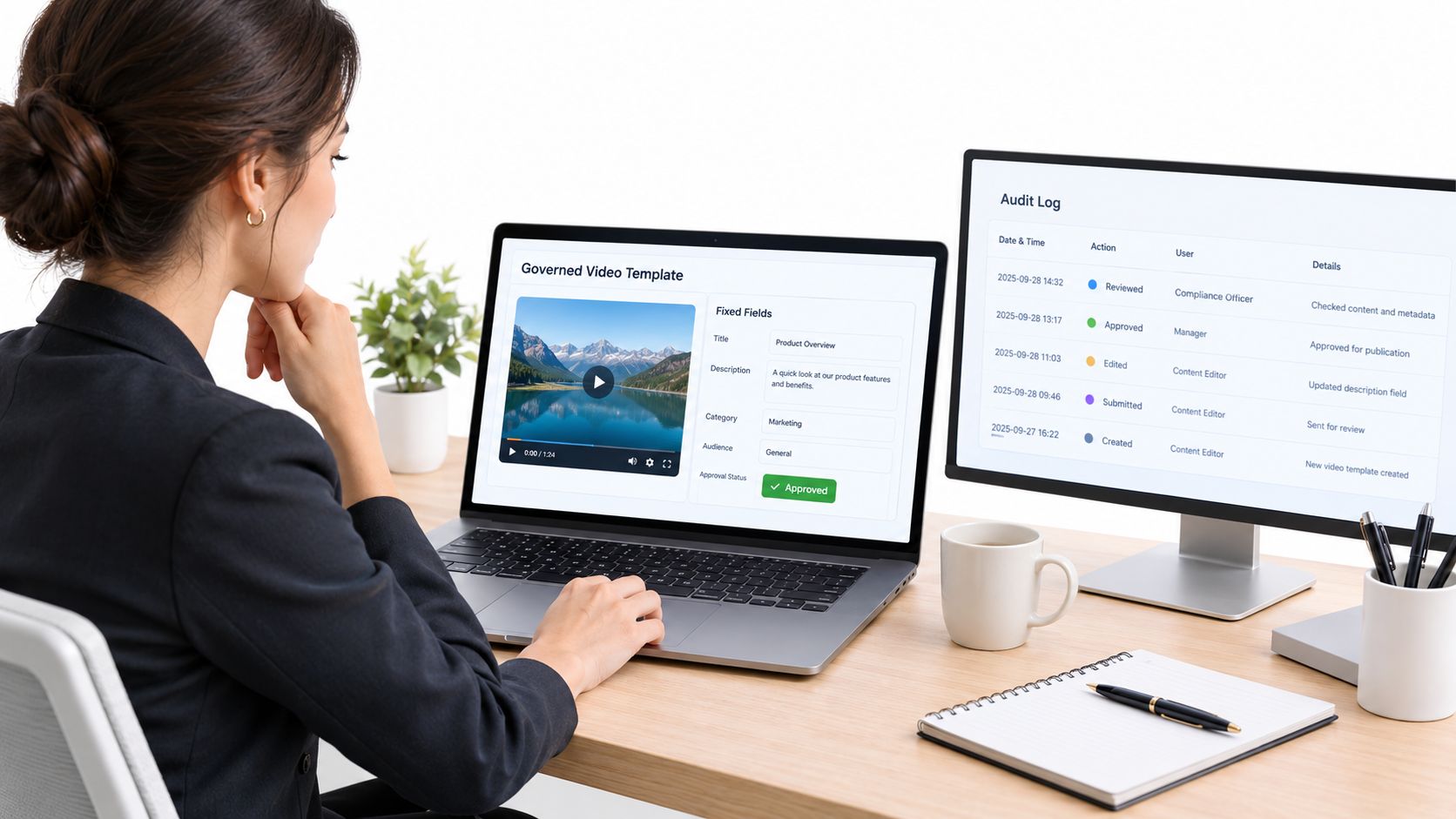 A businesswoman working on video automation software on a laptop in a modern professional office setting.