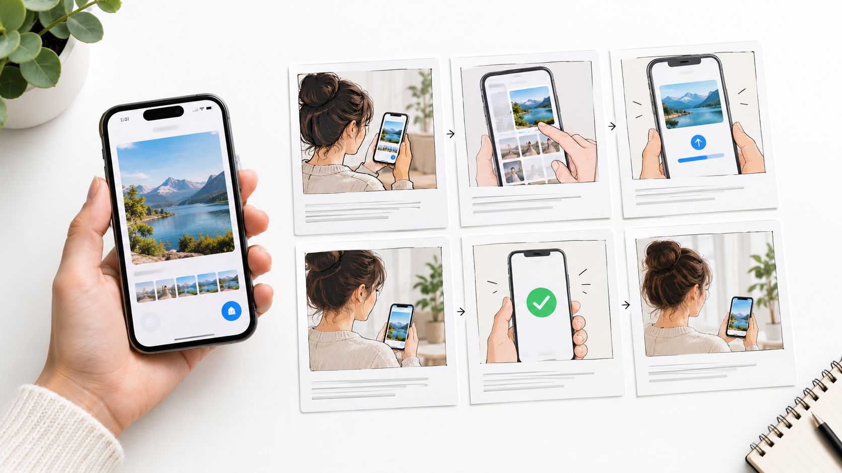 A hand holding a smartphone showcasing a mobile application interface for editing and uploading nature landscape photos.
