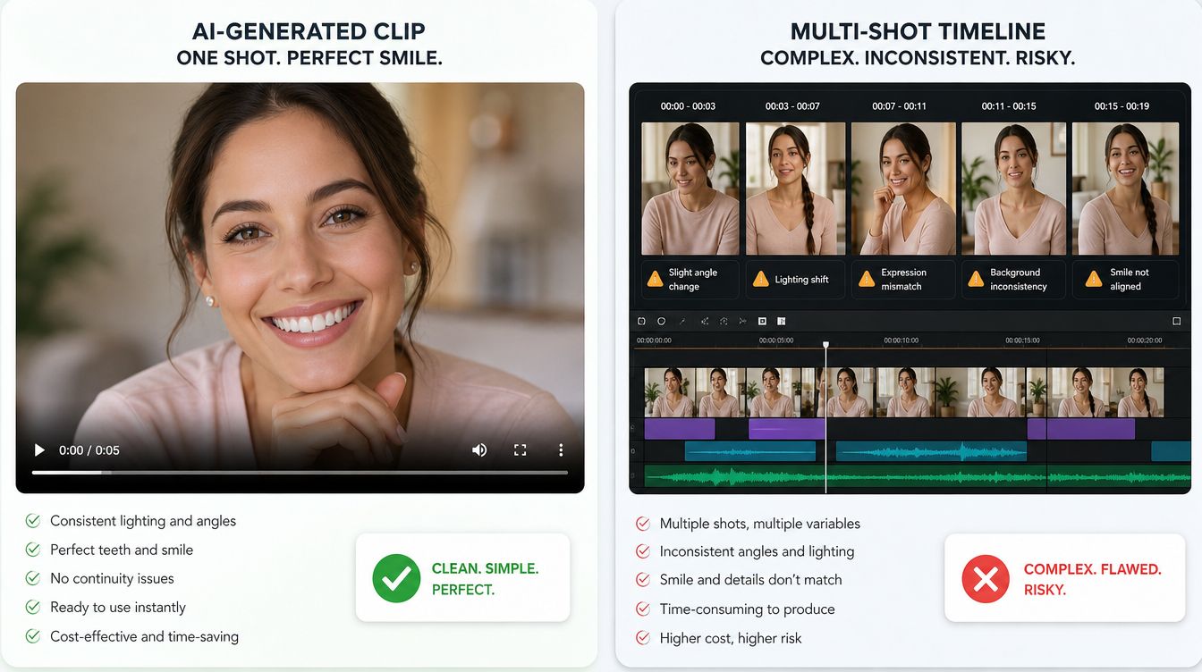 A comparison between a high-quality AI-generated video clip and a complex, inconsistent multi-shot video editing timeline.