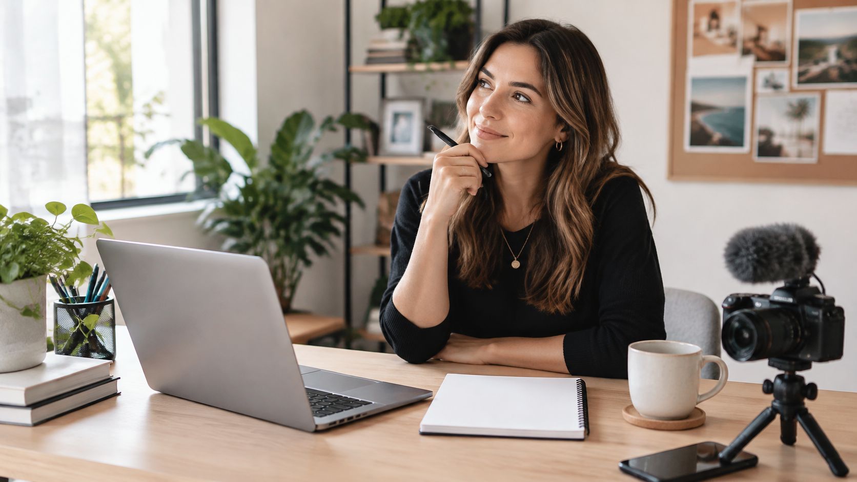 A woman thinking while writing a video script on her laptop and notebook in her home office.