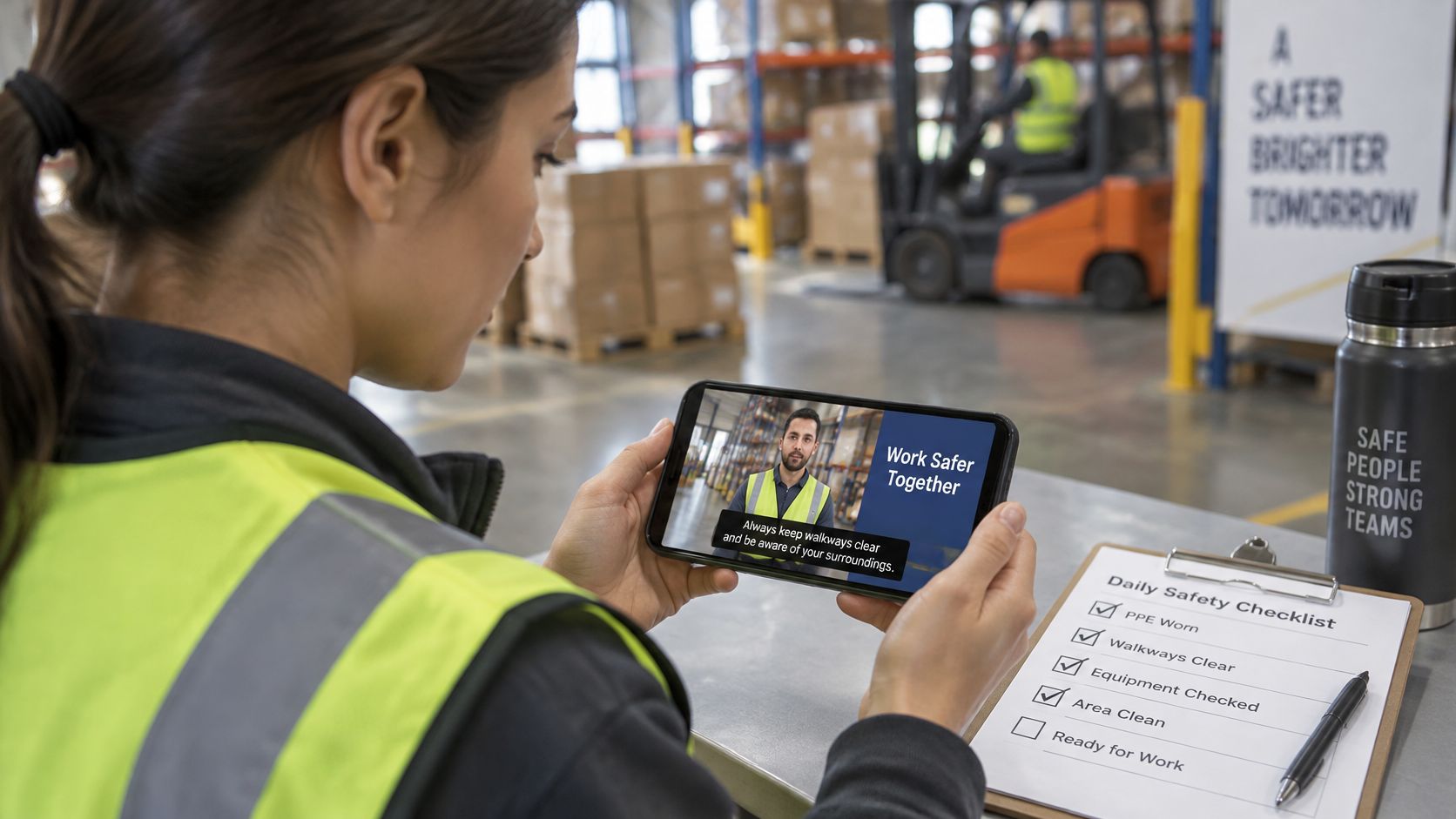 A woman in a high-visibility vest reviews safety training on a smartphone in a warehouse environment.