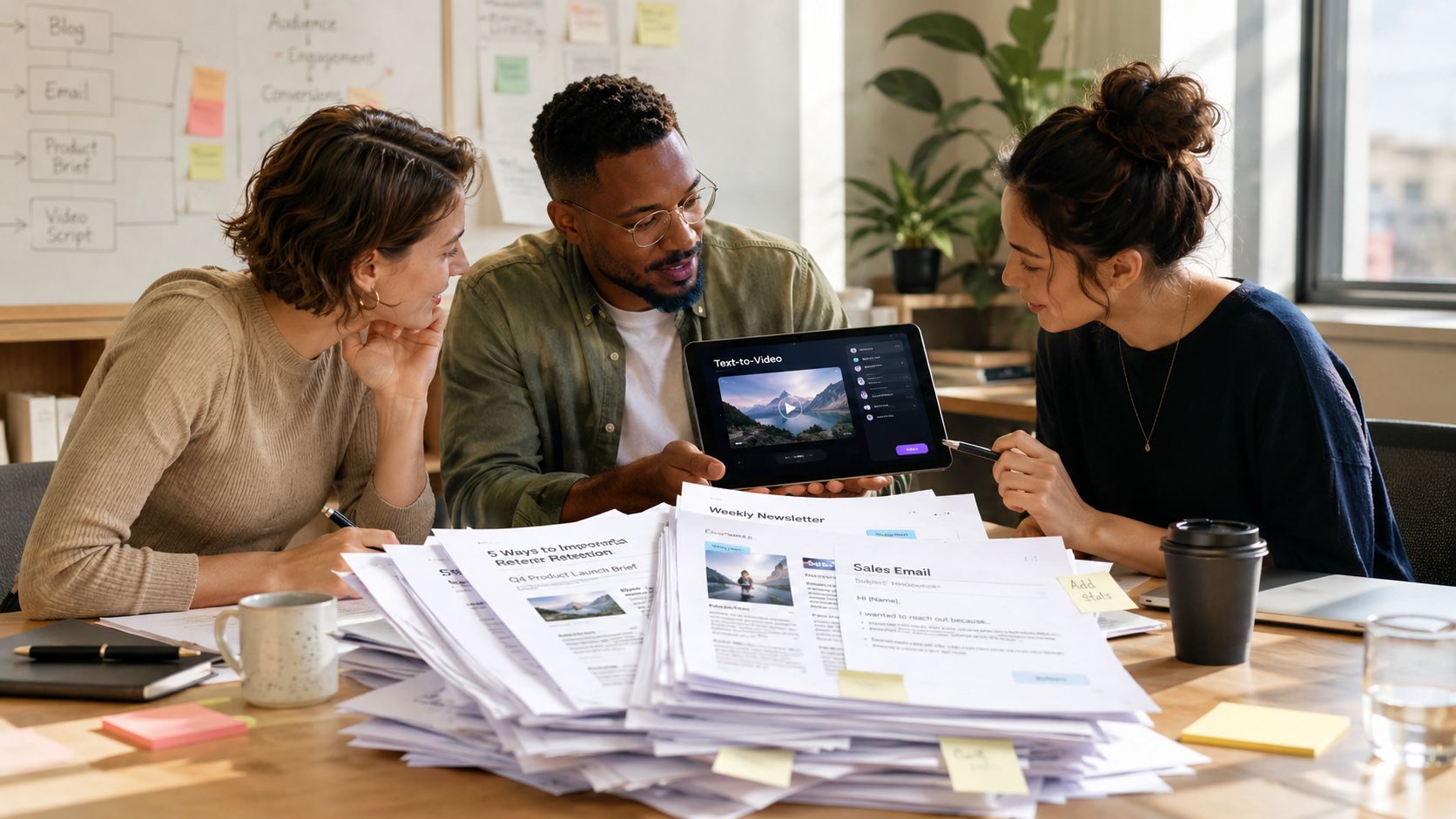 A diverse team collaborating in an office while using a text-to-video AI tool on a tablet device.