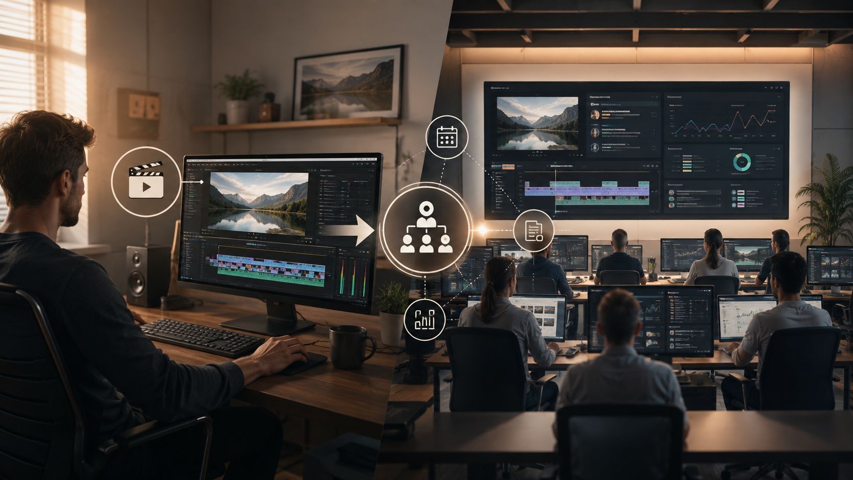 A video editor collaborating with a remote team using digital project management and video production software tools.