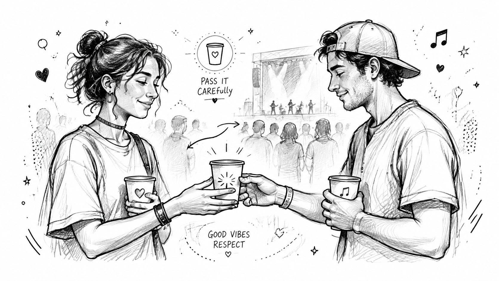 A black and white line drawing of a man and woman sharing a cup at a concert.