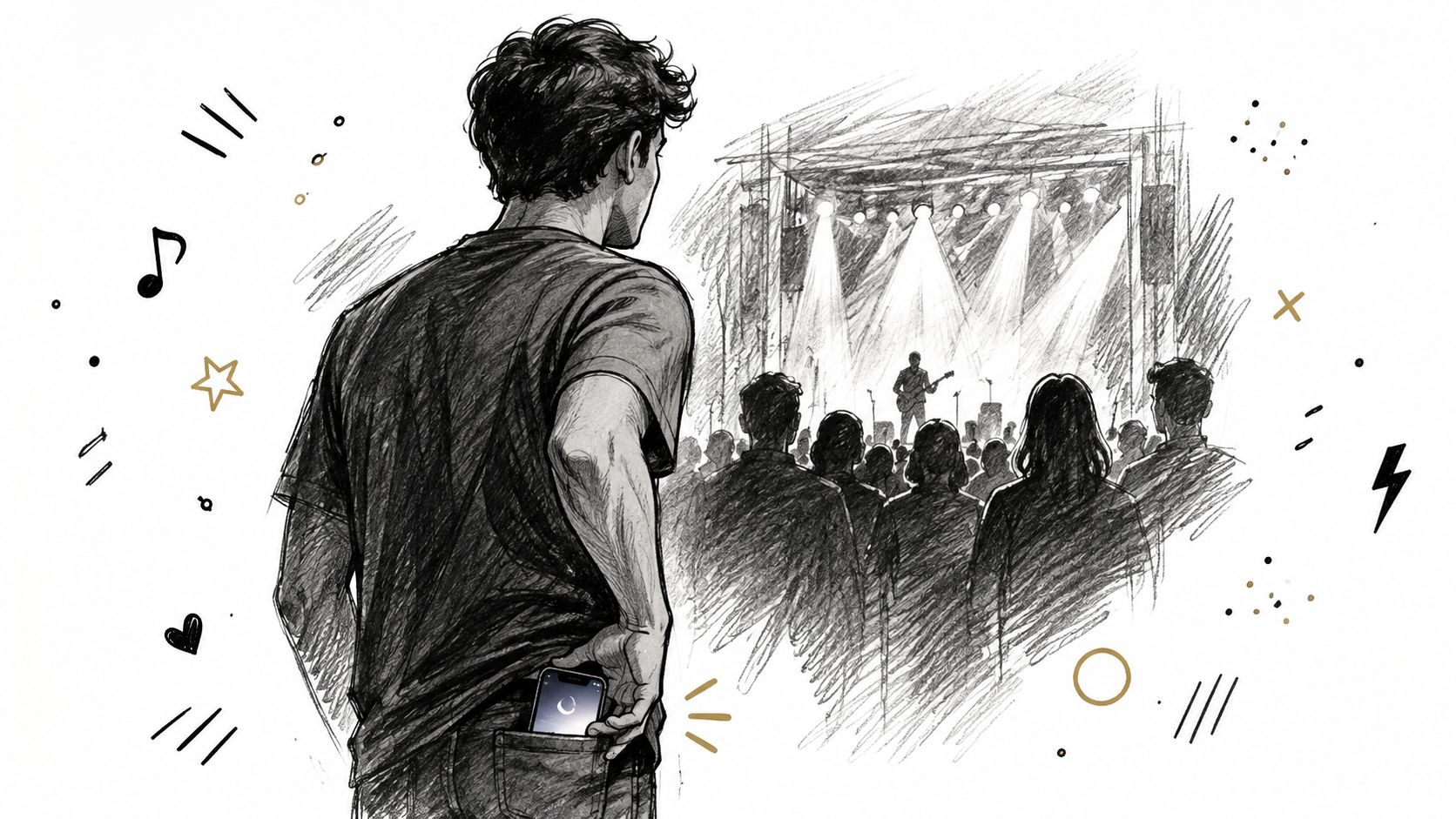 A charcoal sketch of a young man at a concert looking at a phone in his back pocket.
