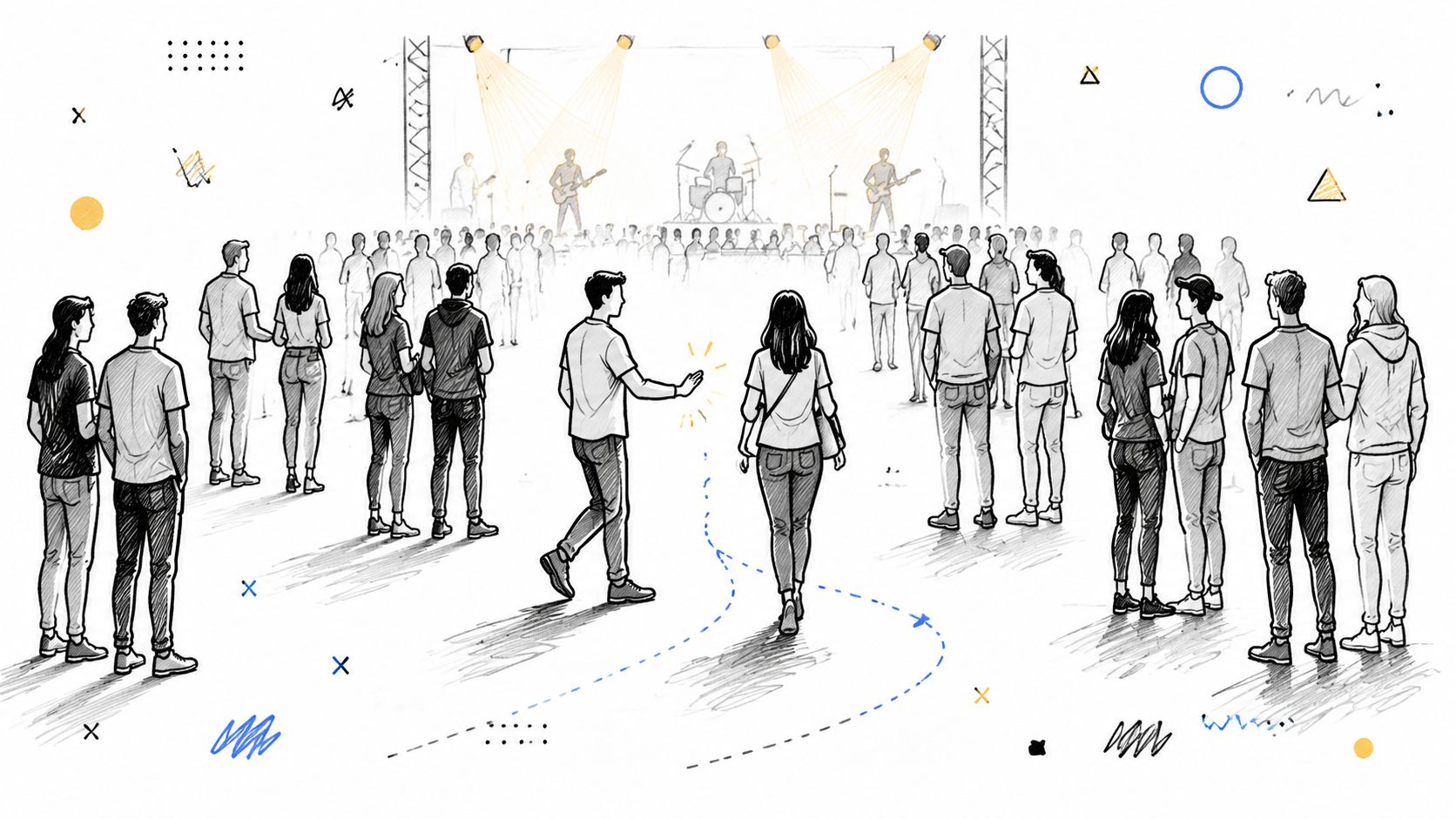 A line drawing illustration showing a crowd of people at a concert with a path indicated
