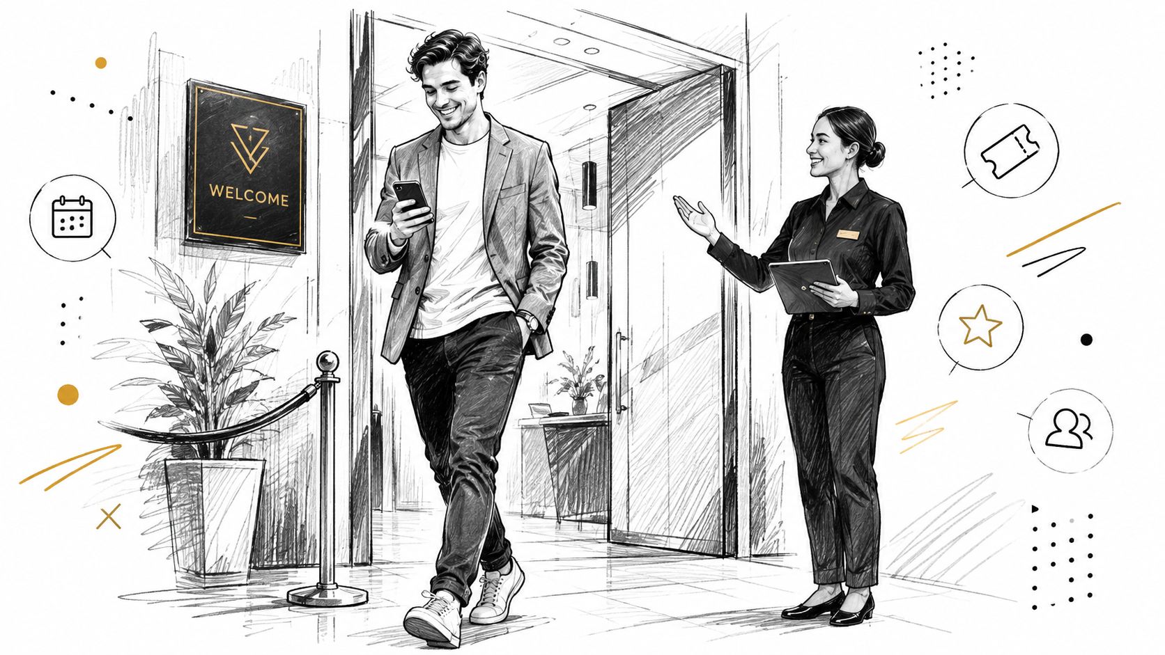 A professional receptionist welcomes a guest using a smartphone in a modern office entryway with digital icons.