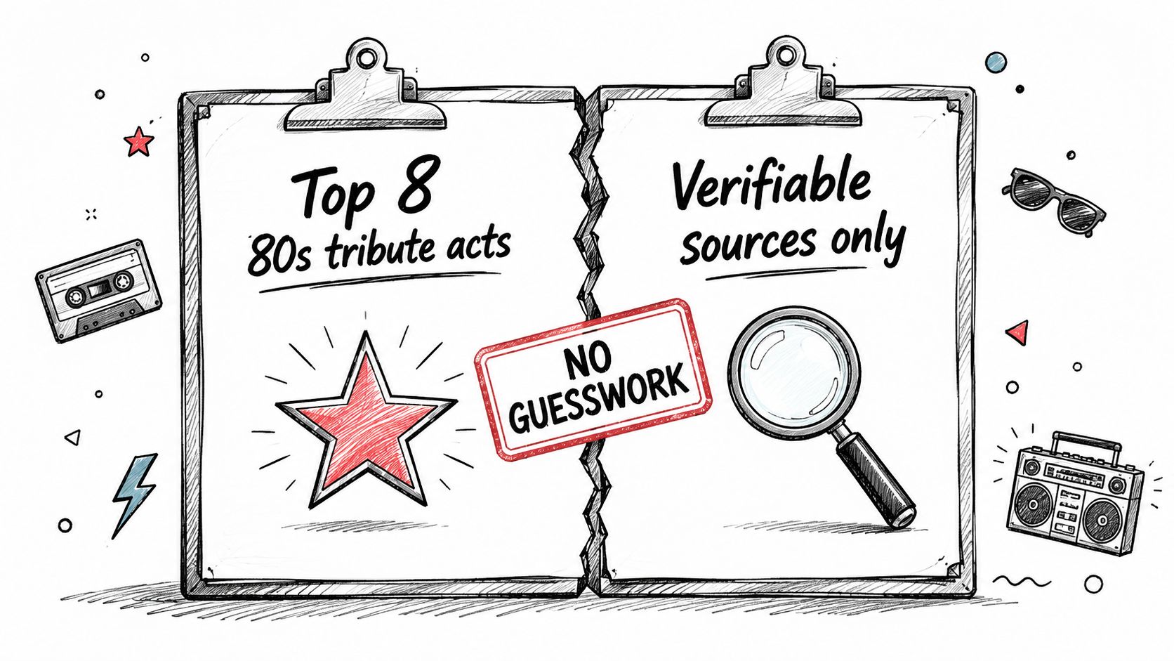A sketched clipboard illustration with the text Top 5 80s tribute acts and Verifiable sources only.