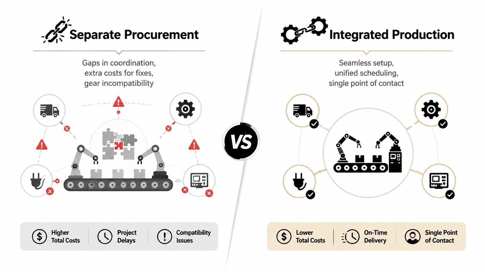 A comparison infographic between separate procurement and integrated production, highlighting efficiency, costs, and project delivery.