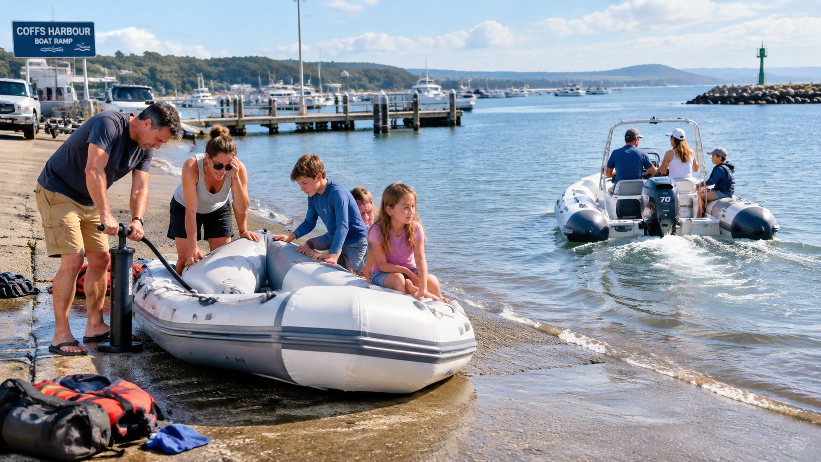 A family on a concrete boat ramp in Australia uses a manual pump for an inflatable boat.