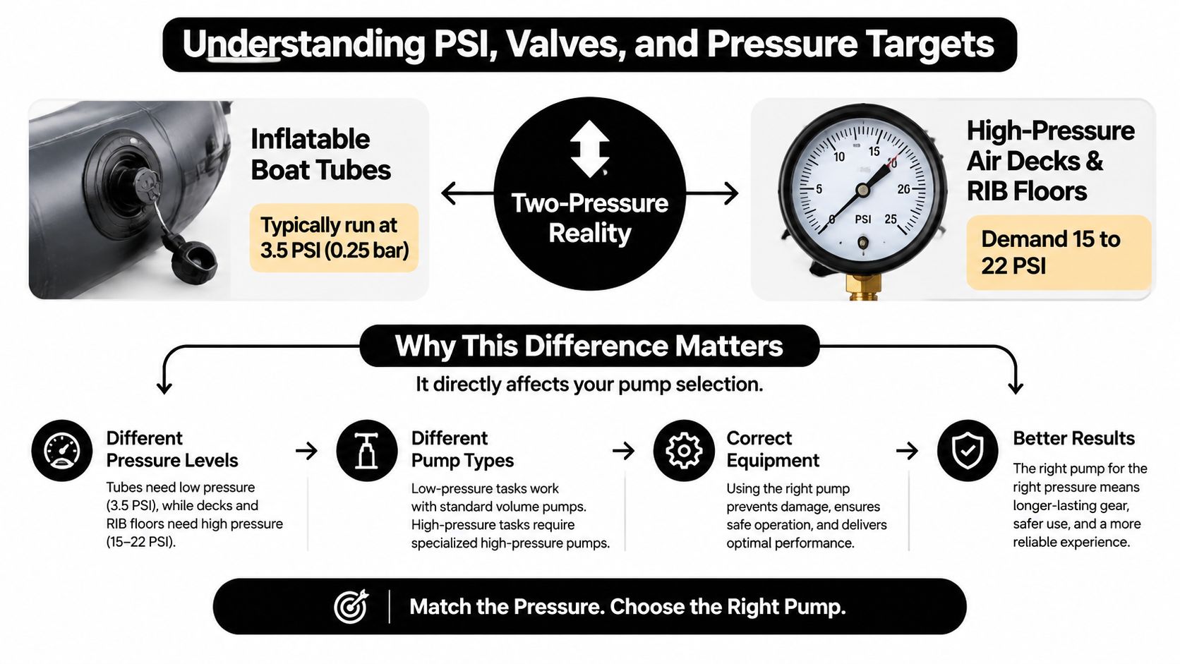 An infographic showing the pressure difference between inflatable boat tubes and high-pressure floors, explaining pump selection.