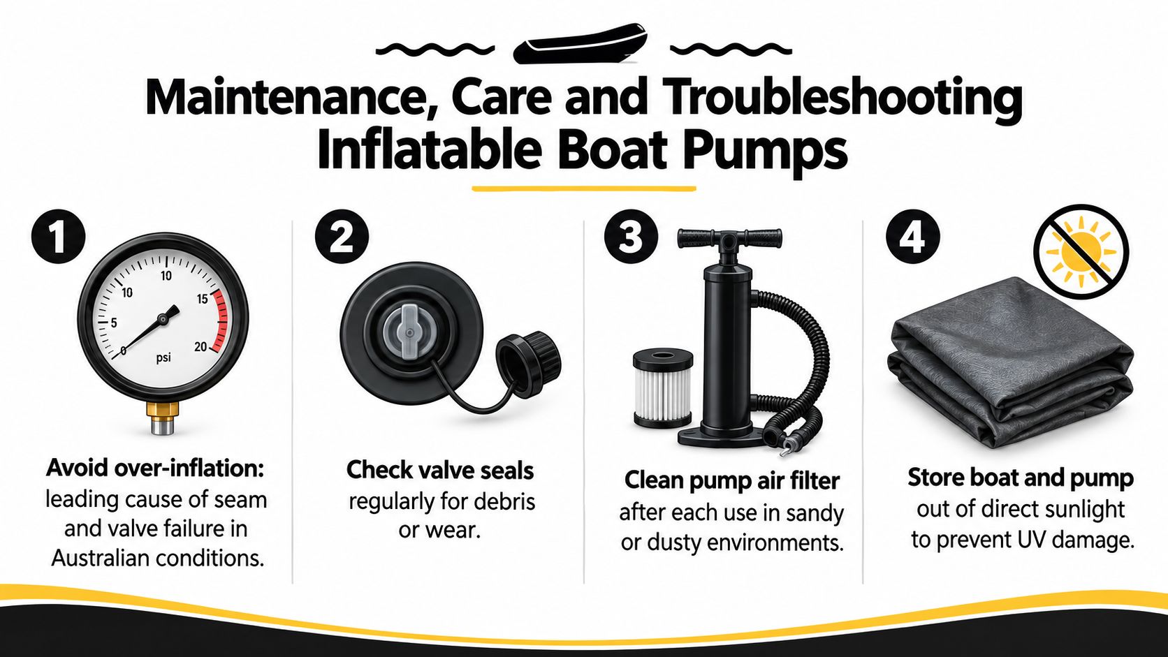 An infographic showing four essential maintenance steps for inflatable boat pumps to prevent damage and failure.