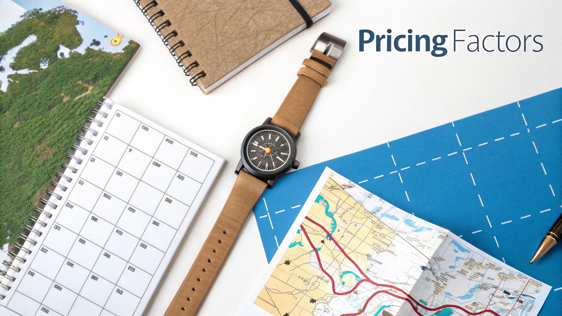 Flat lay of travel essentials on a white surface, including a watch, map, notebooks, and a calendar, with 'Pricing Factors' text.