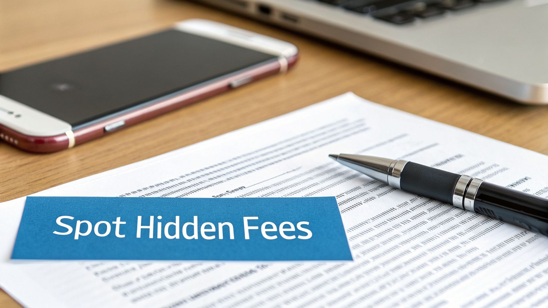 A document with a pen, smartphone, and a blue note reading 'Spot Hidden Fees' on a wooden desk.
