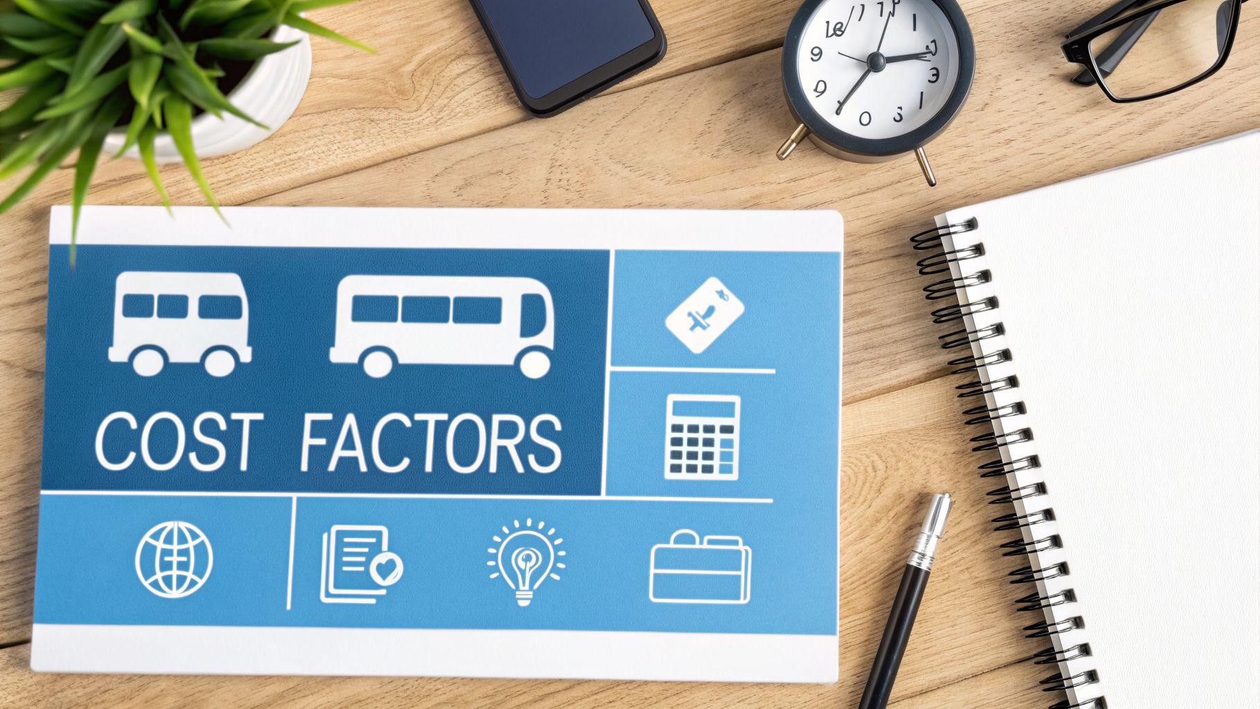 A flat lay desk with an infographic displaying icons for bus transportation cost factors.