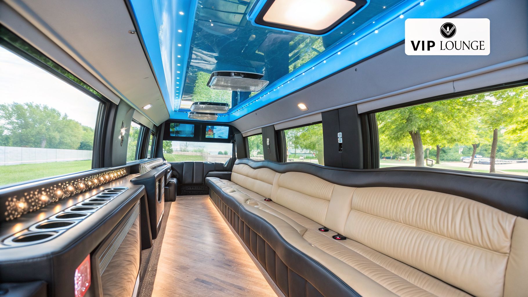 Luxurious party bus interior with plush beige leather seats, vibrant blue LED lighting, and a bar.