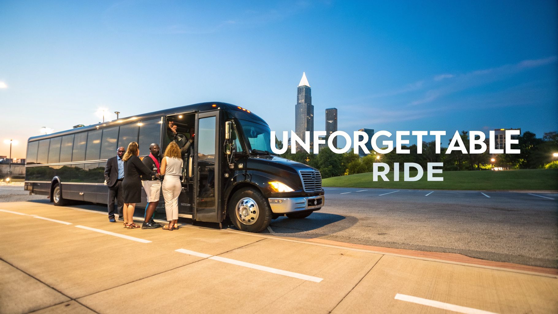 Your Guide to a Bus Party for Rent in Atlanta 1 People boarding a black party bus at dusk with city buildings in the background, labeled 'UNFORGETTABLE RIDE'.