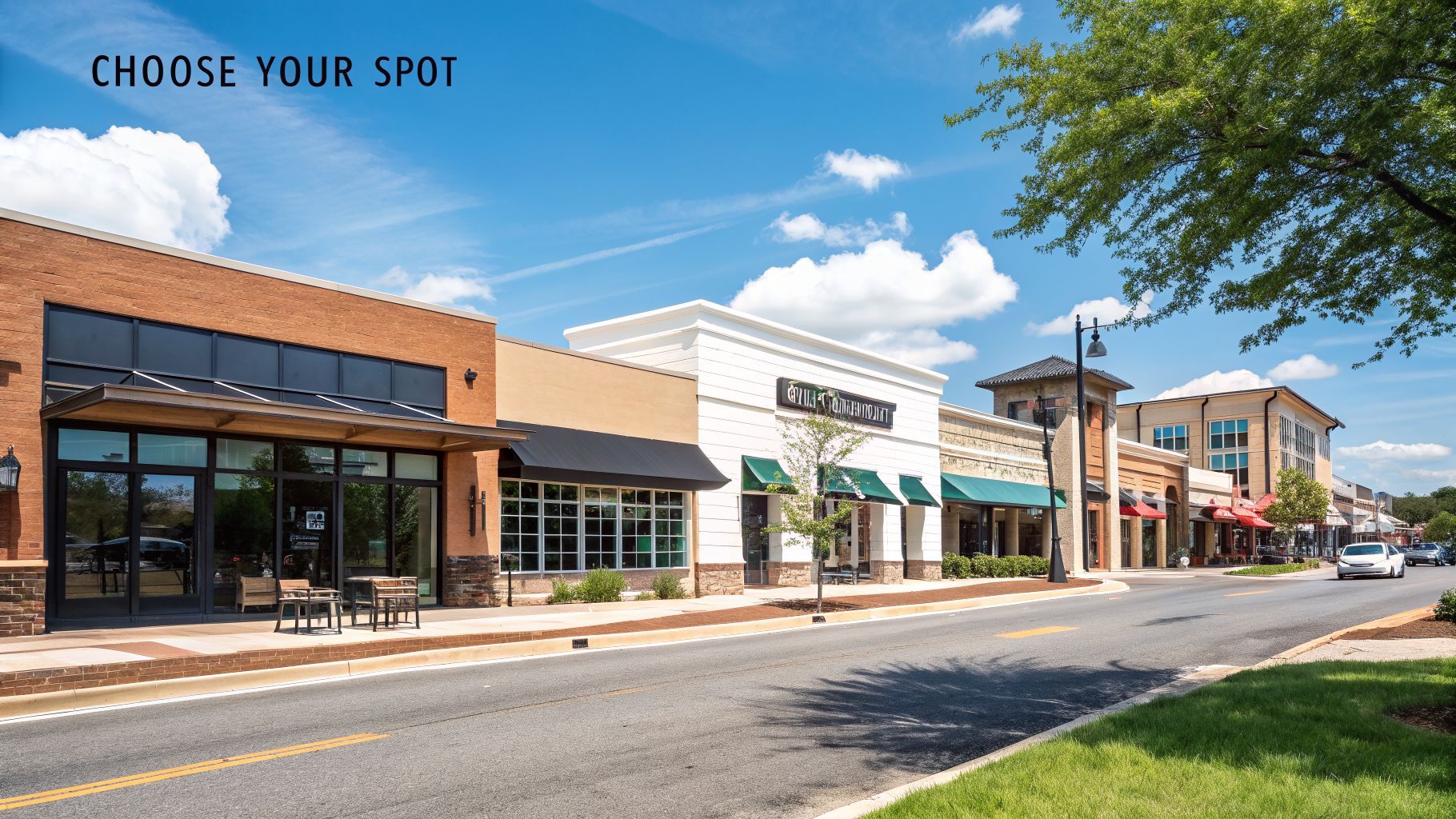 Your Ultimate Guide to Bar Hopping in Atlanta 2 A vibrant outdoor shopping and dining street with multiple storefronts and sunny sky.