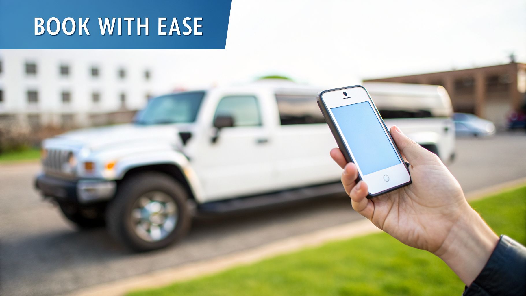A hand holds a smartphone, with a white Hummer party bus blurred in the background, implying easy booking.