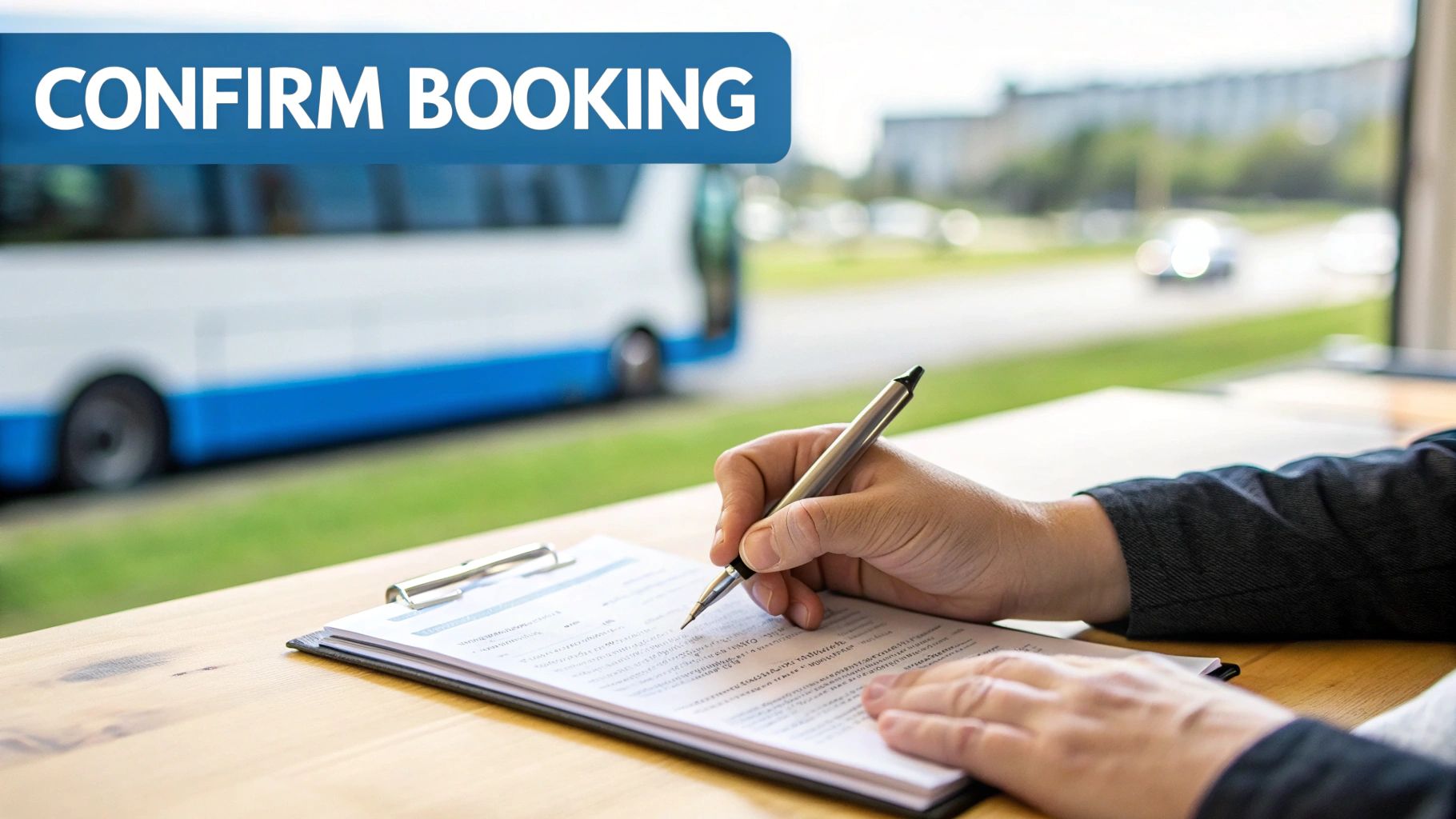 A person is signing a booking confirmation document with a bus visible in the background.