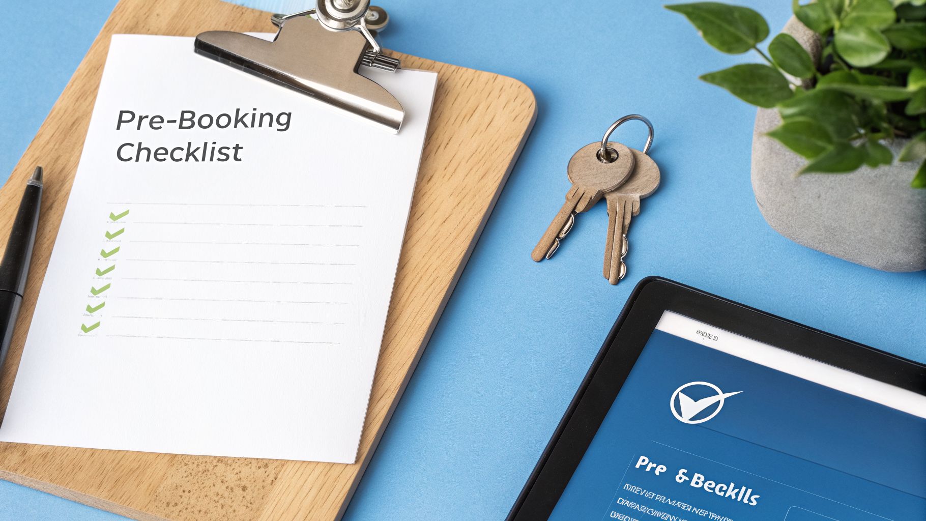 Fast Guide to party bus prices atlanta ga: Real Costs & Savings 4 A pre-booking checklist on a clipboard with checkmarks, pen, keys, tablet, and a plant on a blue desk.