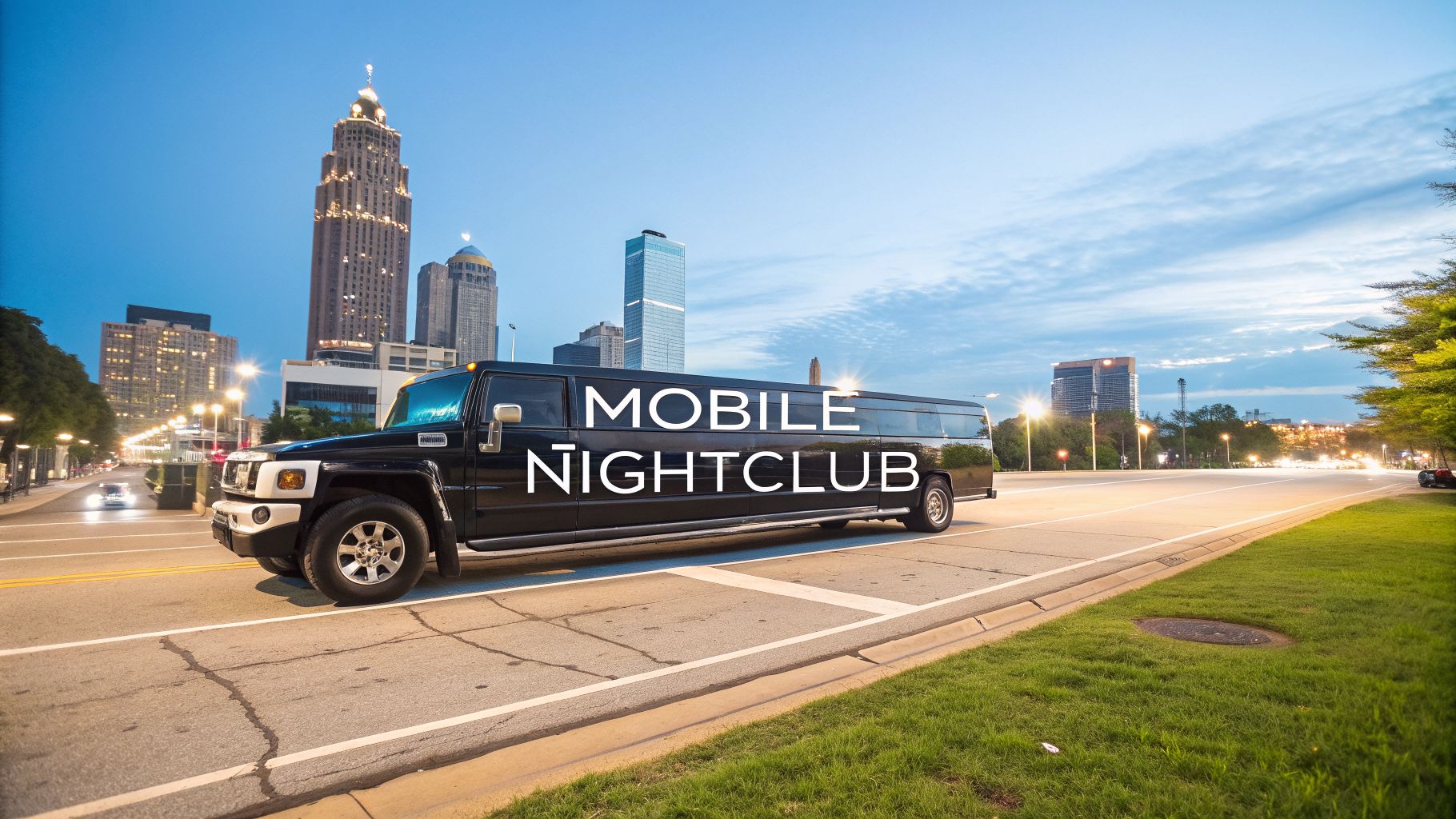 A black Hummer limousine, labeled "MOBILE NIGHTCLUB", drives on a city street against an urban skyline at dusk.
