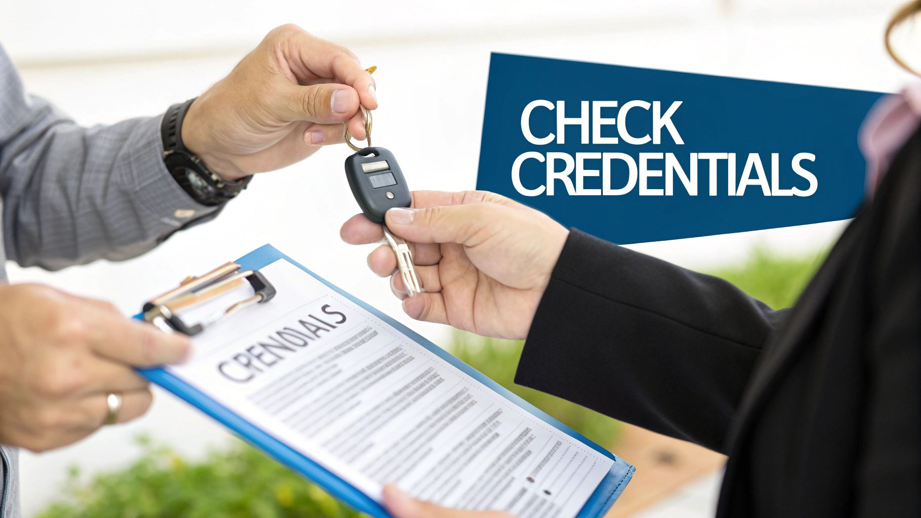 Two people exchanging car keys, one holding a clipboard with 'CREDENTIALS' and a banner saying 'CHECK CREDENTIALS'.